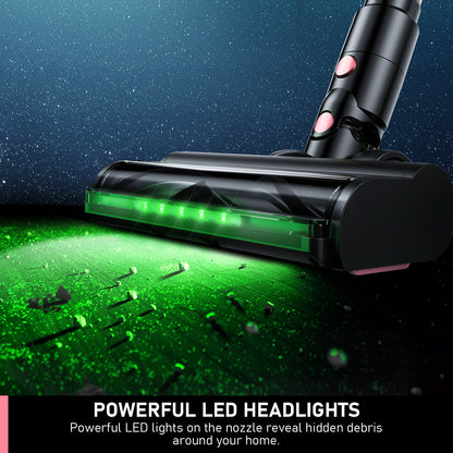 Aspirateur Balai Sans Fil Léger 10 en 1 à Haute Aspiration pour Animaux et Maison, Autonomie de 45 Minutes avec Tuyau Extra-long Amélioré, Brosses -nœuds, Lumière LED Verte pour Nettoyage de Sols, Tapis et Poils d'Animaux