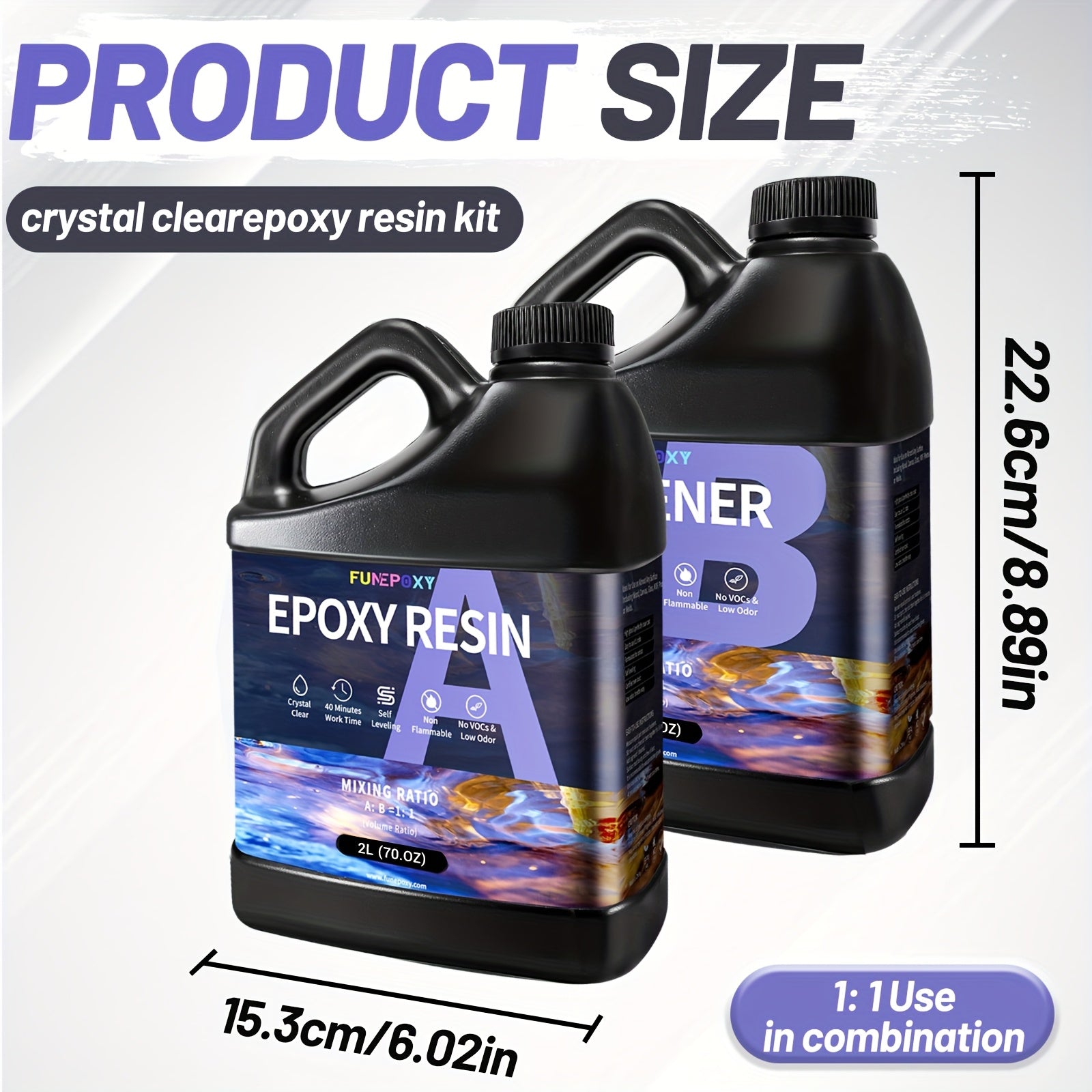 Kit de résine époxy claire FUNEPOXY 8L/4L/2L/1L/500ml, auto-nivelante sans résine avec mélangeur, pour bricolage, revêtement bois, bijouterie, tumblers, bars et revêtement de surface