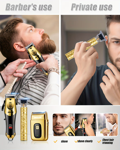 WEEME Ensemble de 4 tondeuses à cheveux électriques dorées pour hommes, outils de toilettage à domicile comprenant une tondeuse à cheveux électrique, un rasoir, un tondeuse à poils de nez et un tondeuse de précision, parfait pour la maison, la voiture ou