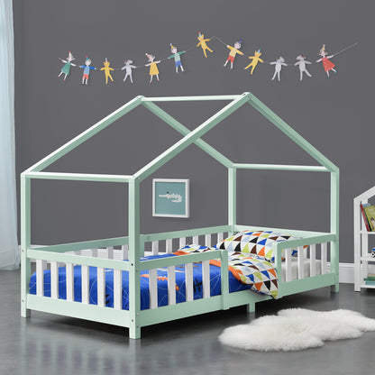Lit pour enfants Treviolo de style maison avec protection contre les chutes en bois de pin