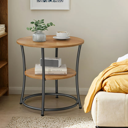Table d'appoint compacte avec deux étagères, design rond idéal pour salons et chambres, facile à assembler, avec une structure en acier d'un style industriel