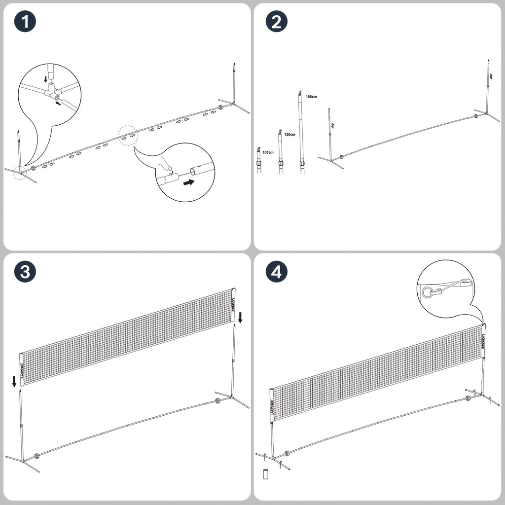 Filet de badminton de 5 mètres avec trois hauteurs réglables pour répondre à différents besoins, adapté à divers sports, tube en métal doré robuste, structure stable sans tremblement, filet PE durable, facile à assembler