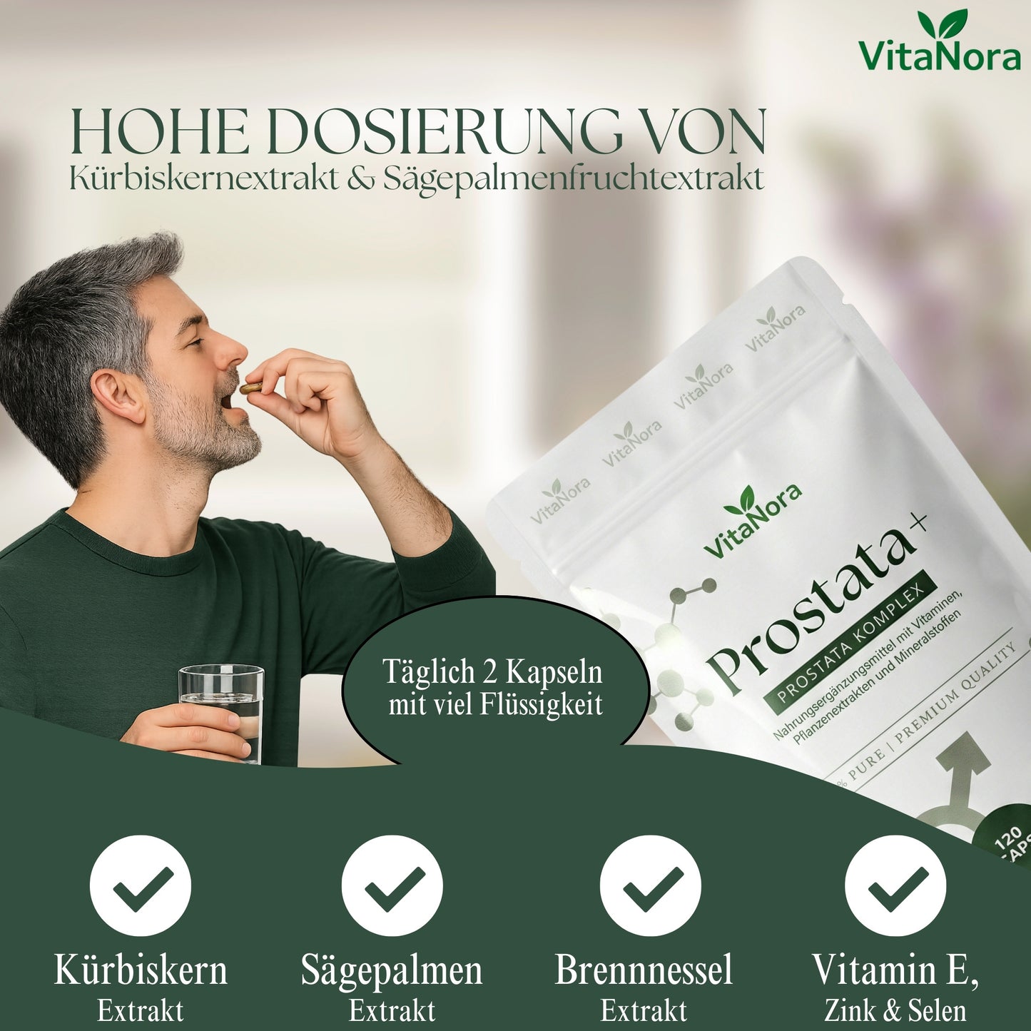 Complexe Prostatique 120 Capsules Haute Dose - Extrait de Palme de Sabre, Complexe Prostatique avec Graines de Citrouille, Ortie Piquante, Vitamine E, Zinc, Sélénium - Vegan, Prosta, Palme de Sabre - Expédié depuis l'Allemagne