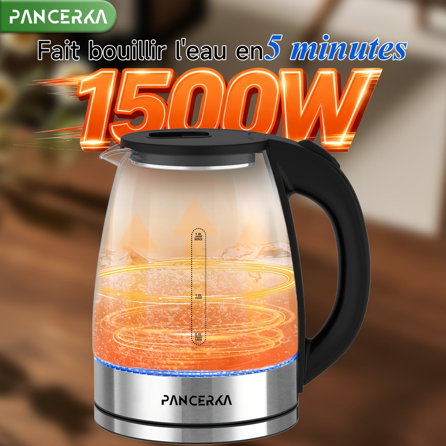 Bouilloire Électrique PANCERKA, Aucun Contact Plastique avec l'Eau, Large Ouverture pour un Nettoyage Facile, Arrêt Automatique, Bouilloire à Thé et à Eau Chaude 1,8 L, Chauffe-Eau et Théière, Noir, 1500W