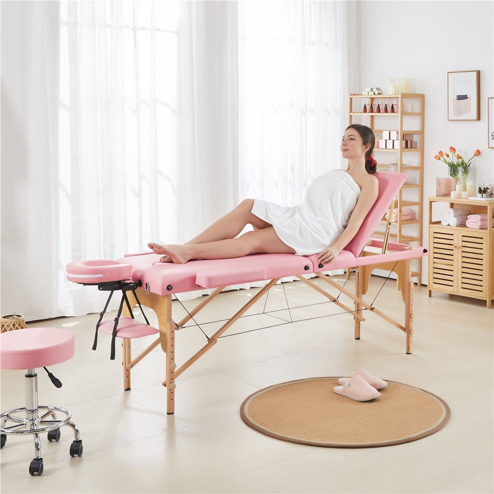 Costoffs Table de Massage Professionnelle 3 Sections Pliable - Hauteur Réglable (8 Niveaux) - Structure en Bois de Hêtre Rose Massif 250kg - Avec Dossier/Têtière/Repose-bras - Pour Clinique, Domicile, Salon de Beauté & Spa