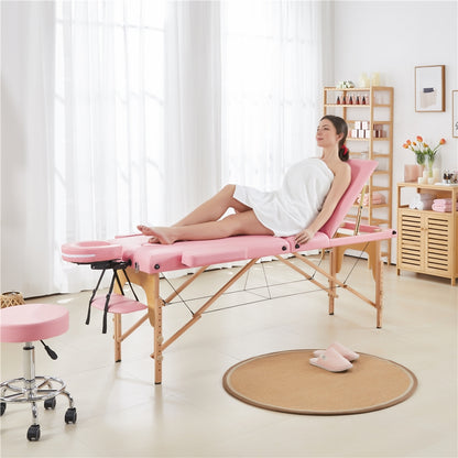 Costoffs Table de Massage Professionnelle 3 Sections Pliable - Hauteur Réglable (8 Niveaux) - Structure en Bois de Hêtre Rose Massif 250kg - Avec Dossier/Têtière/Repose-bras - Pour Clinique, Domicile, Salon de Beauté & Spa