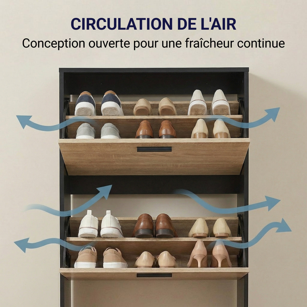 Meuble à chaussures avec 3 compartiments à abattant, armoire de rangement en bois pour jusqu'à 18 paires, organisateur d'entrée peu encombrant