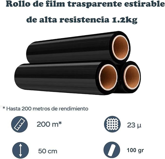 Rouleau de film noir pour emballage 50 cm x 200 m | Plastique rétractable de 23 microns avec haute résistance et adhérence industrielle