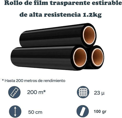 Rouleau de film noir pour emballage 50 cm x 200 m | Plastique rétractable de 23 microns avec haute résistance et adhérence industrielle
