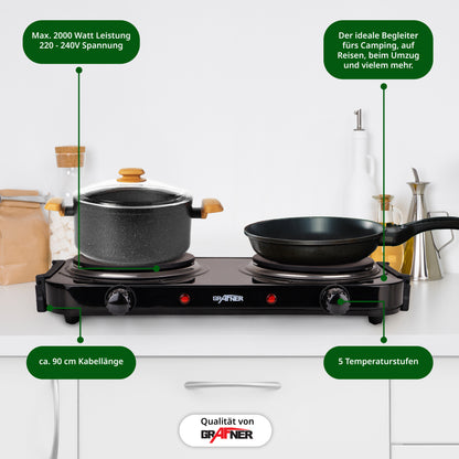 Plaque chauffante double avec poignées pliables, 2000 watts, 2 zones de cuisson à induction, chacune Ø 155 mm, contrôle de température en continu, plaque de cuisson de camping mobile double Grafner