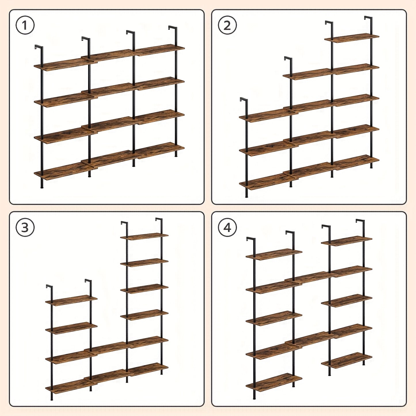 Étagère à 6 niveaux à monter soi-même, Étagère échelle industrielle, Unité d'étagères en panneaux de particules, Étagère verticale sur pied, avec cadre métallique stabilisateur, pour bureau à domicile, salon, Marron foncé