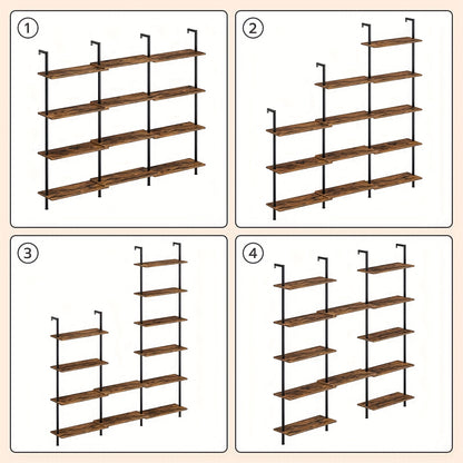 Étagère à 6 niveaux à monter soi-même, Étagère échelle industrielle, Unité d'étagères en panneaux de particules, Étagère verticale sur pied, avec cadre métallique stabilisateur, pour bureau à domicile, salon, Marron foncé