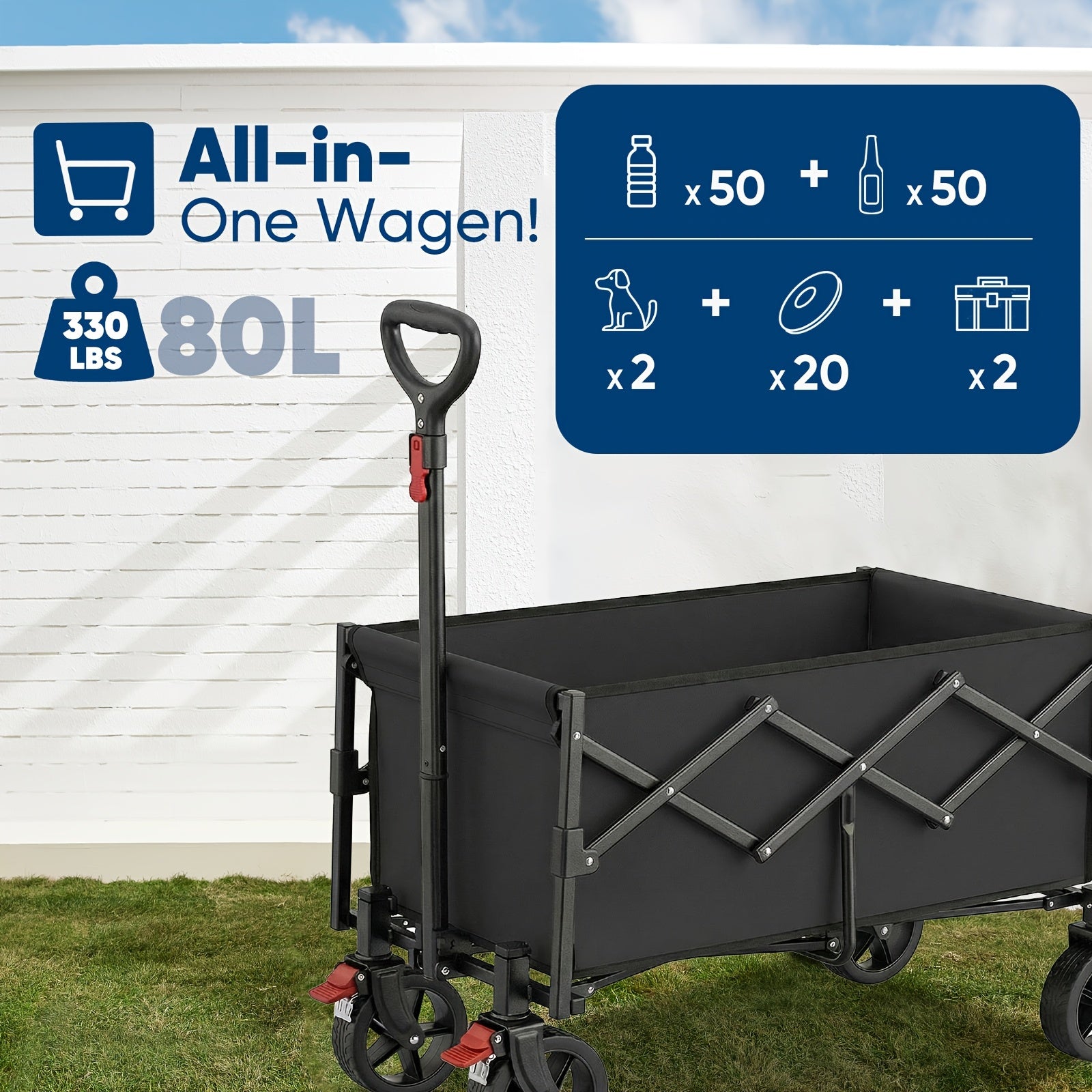 Chariot Pliable avec Capacité de 80L et Capacité de Charge de 330LBS, Conception Légère avec Poids Réduit, Roues Tout-Terrain avec Freins pour une Sécurité et un Contrôle Améliorés, Parfait pour le Shopping, le Camping, les Activités de Plein Air et le Ja