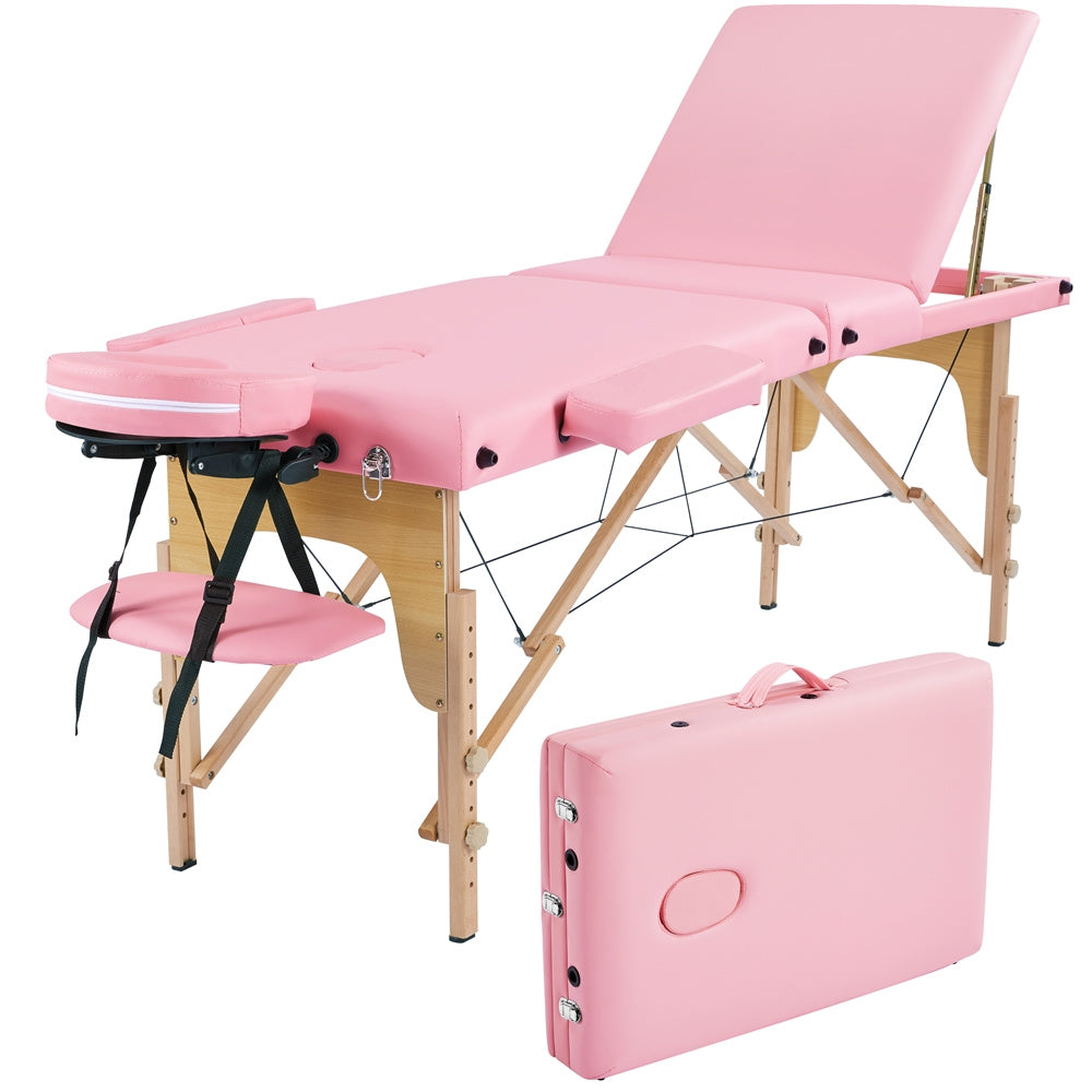 Costoffs Table de Massage Professionnelle 3 Sections Pliable - Hauteur Réglable (8 Niveaux) - Structure en Bois de Hêtre Rose Massif 250kg - Avec Dossier/Têtière/Repose-bras - Pour Clinique, Domicile, Salon de Beauté & Spa