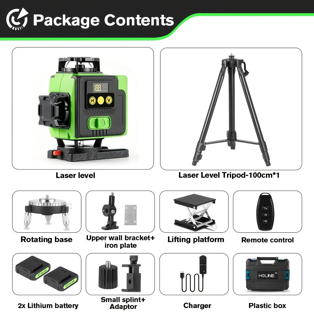 1 Ensemble Niveau Laser 16 Lignes 360 Nivellement Automatique, Outil de Niveau Laser à Ligne Croisée Verte 4X360° pour la Construction et la Suspension de Tableaux, Niveau Laser 4D
