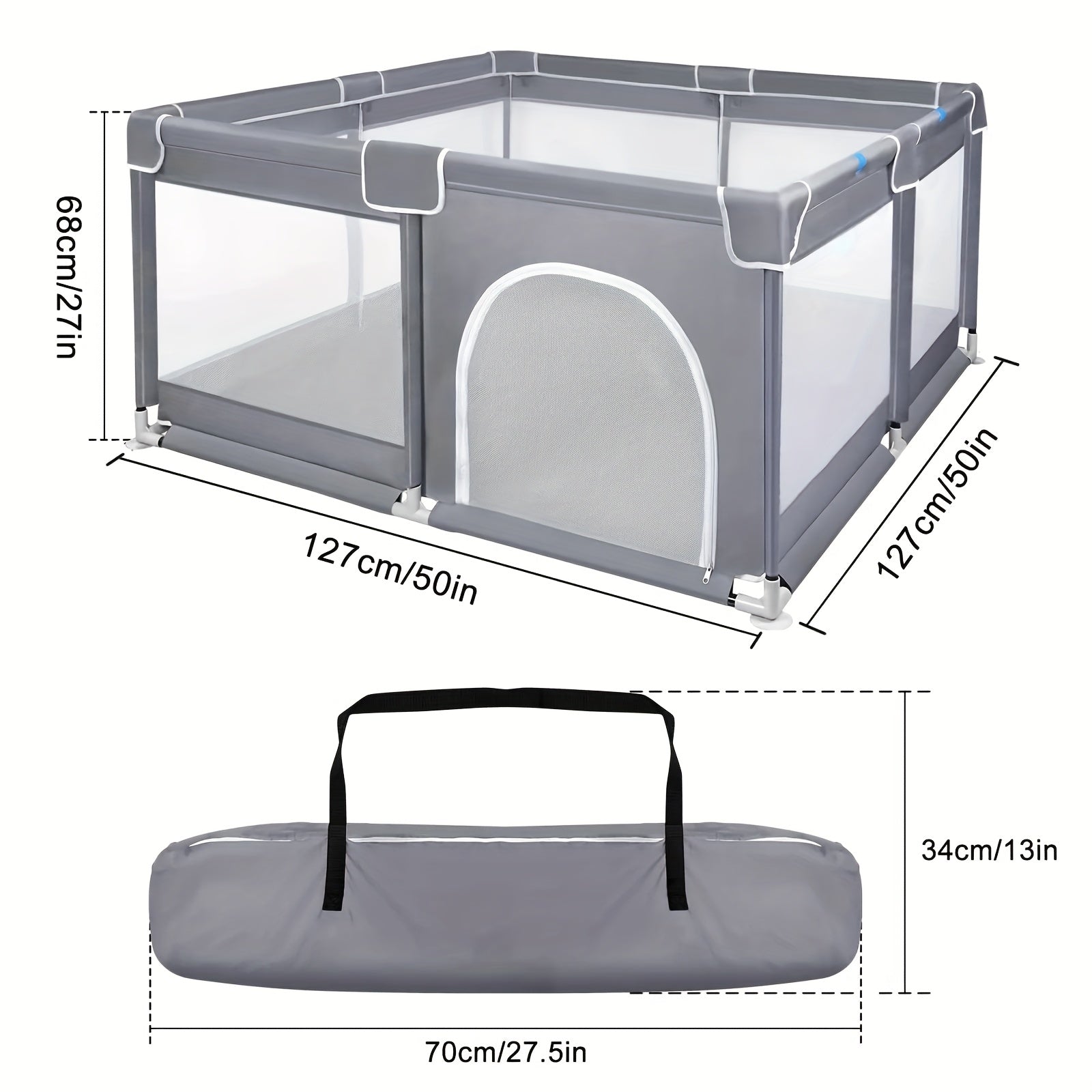 Parc de jeu gris avec maille respirante, parc pour bébé avec porte pour ramper, convient pour une utilisation intérieure et extérieure