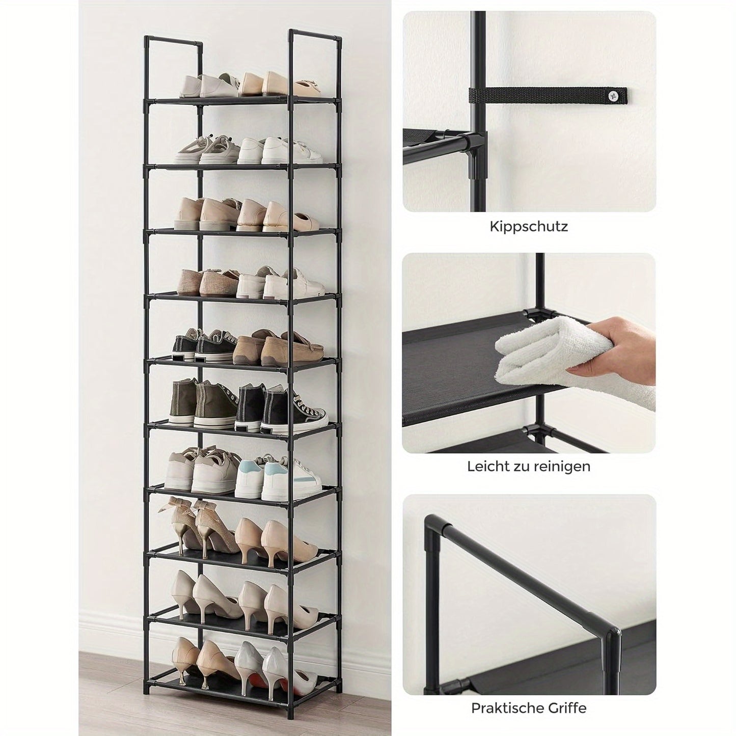 Étagère à chaussures 10 niveaux pour couloir et vestiaire, gain de place et étroite avec cadre métallique solide et polaire, pour l'entrée, la chambre, étagères amovibles, 6 kg par niveau