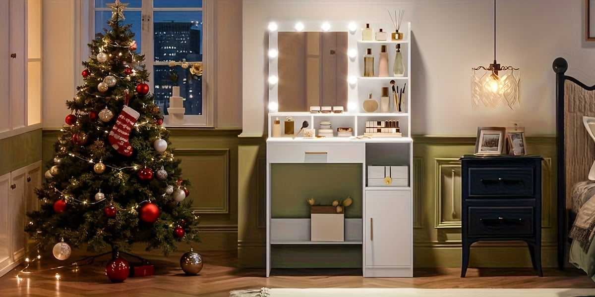 Coiffeuse avec Miroir et 10 Lumières LED, Coiffeuse avec 3 Étagères et 4 Compartiments Ouverts, Coiffeuse avec Grand Tiroir et Placard, 3 Niveaux d'Éclairage Réglables, Blanc, Gris Beige