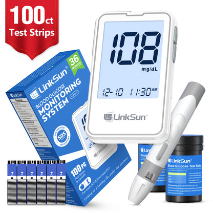 Kit de 100 bandelettes pour test de glycémie, haute précision avec rétroéclairage, pour usage domestique et extérieur, piles AA non incluses