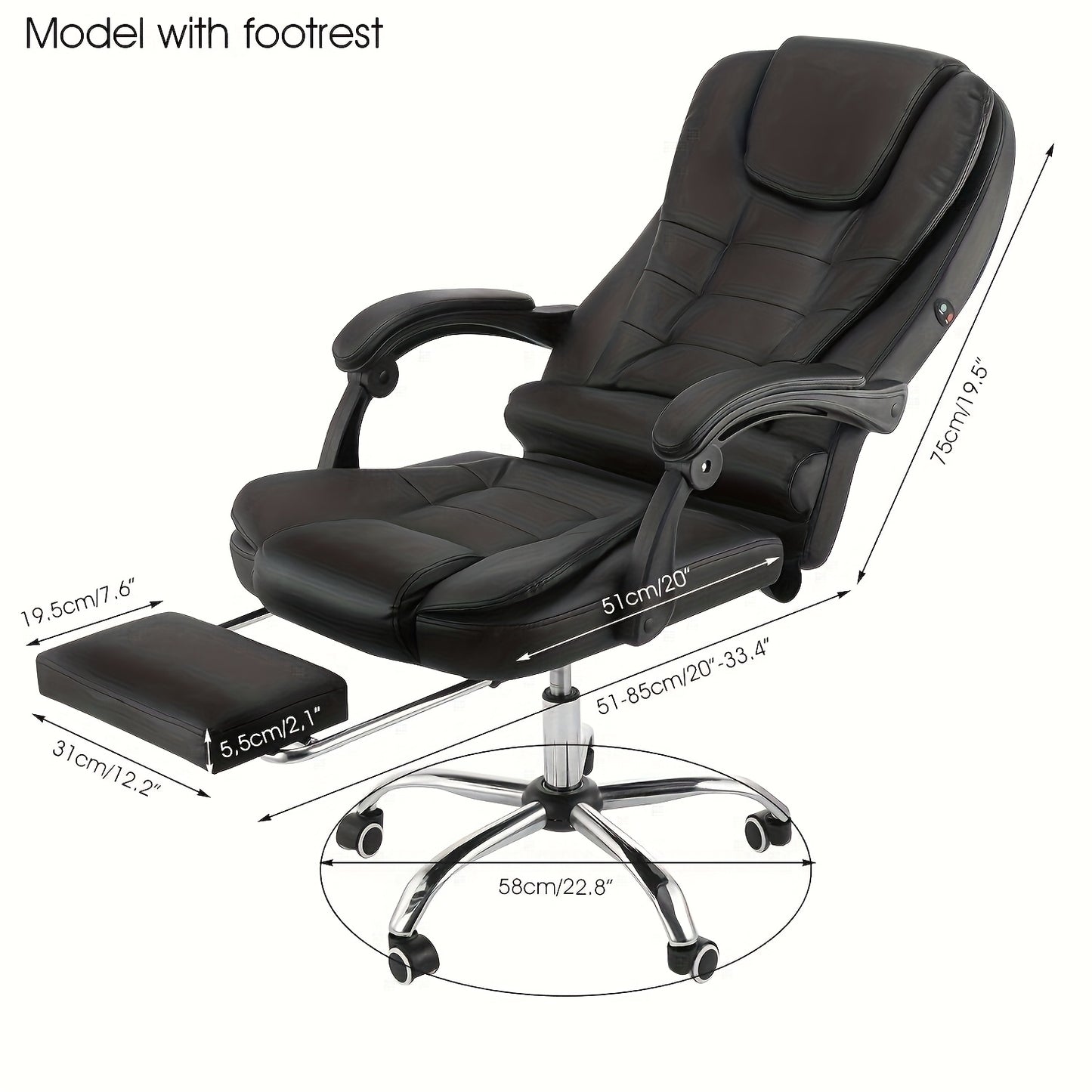 Chaise de bureau exécutive avec repose-pieds et support lombaire, chaise ergonomique inclinable pour ordinateur, dossier réglable, robuste, pivotante à 360° pour bureau à domicile (Noir)