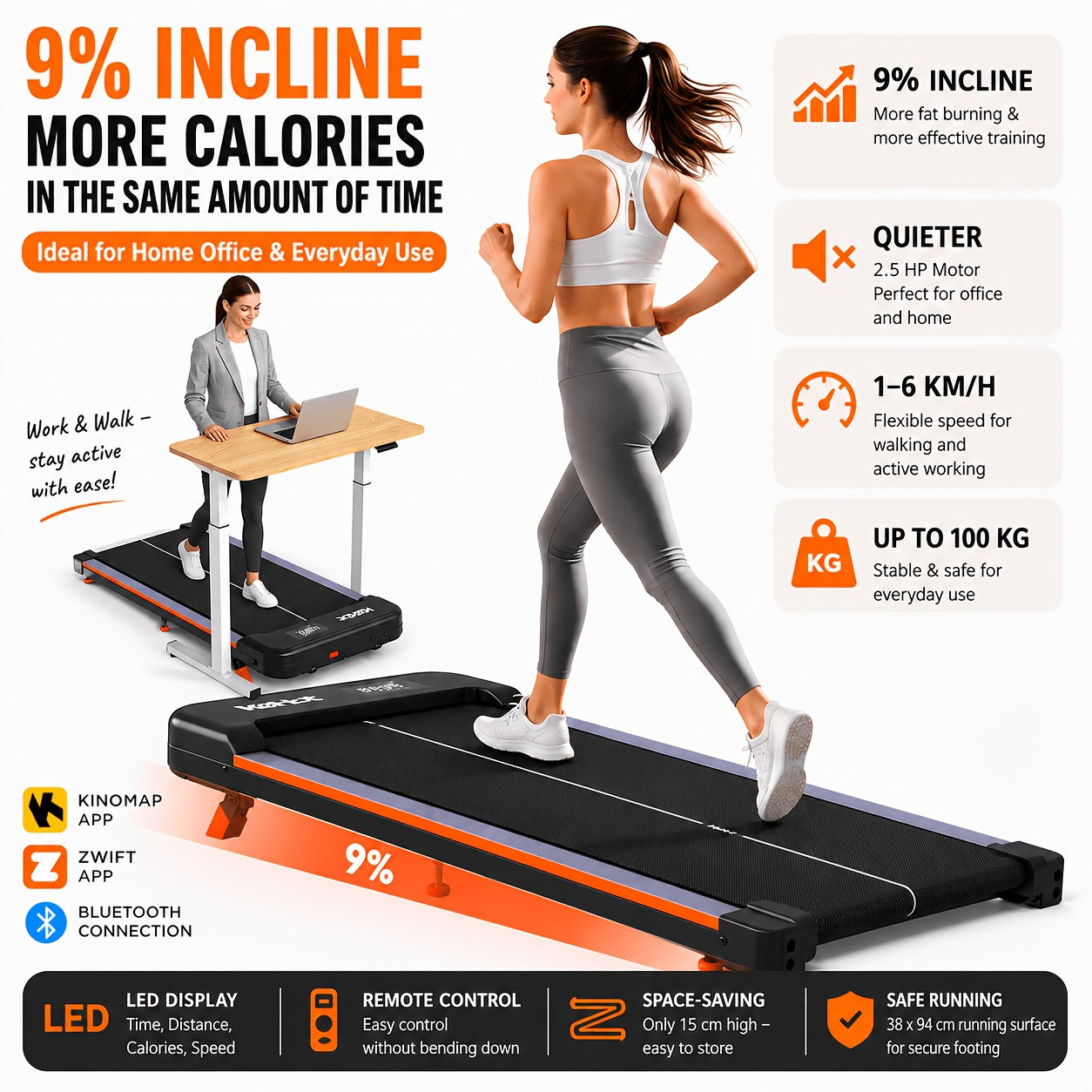 Tapis de marche pour la maison avec affichage multifonction, 12 programmes prédéfinis, moteur DC silencieux, 220-240V, idéal pour la fitness en intérieur