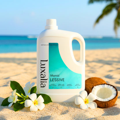 Lessive Monoï 5 Litres - Sans Conservateurs MIT / BIT / CMIT - Fleur de Tiaré & Noix de Coco - Jusqu'à 200 Lavages - Efficace à Froid & Cycle Court - Luxalia