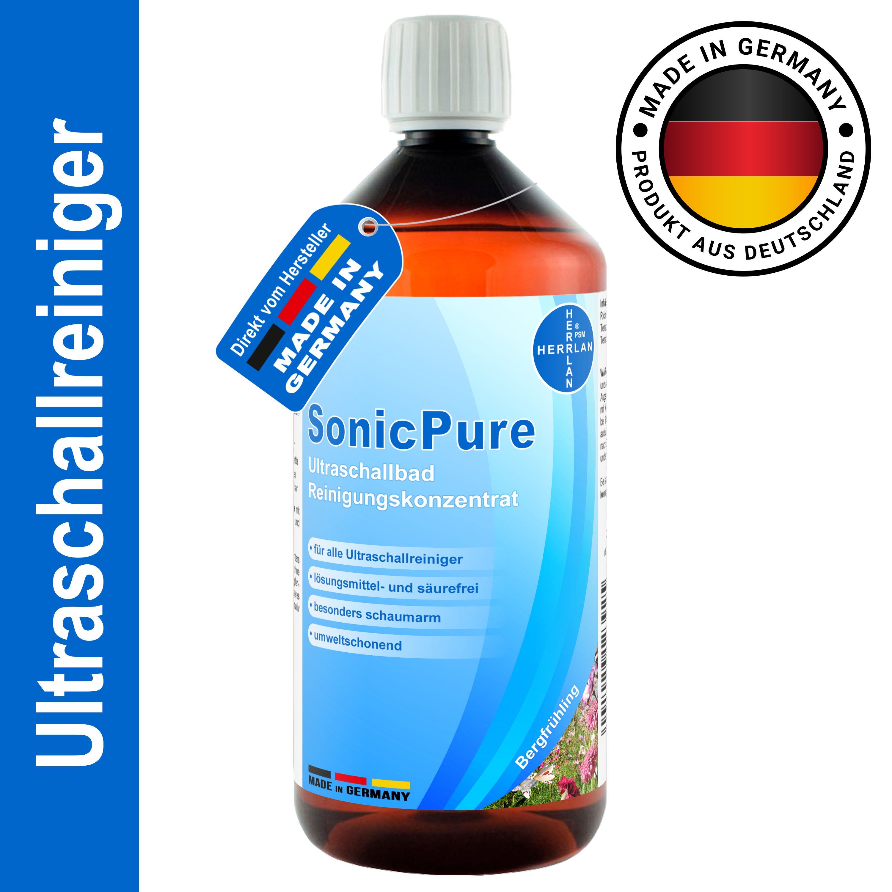 HERRLAN® SonicPure Concentré de Nettoyage Ultrasonique 1000 ml - Concentré Liquide pour Nettoyeurs Ultrasoniques et Étuis à Lunettes - Fabriqué en Allemagne