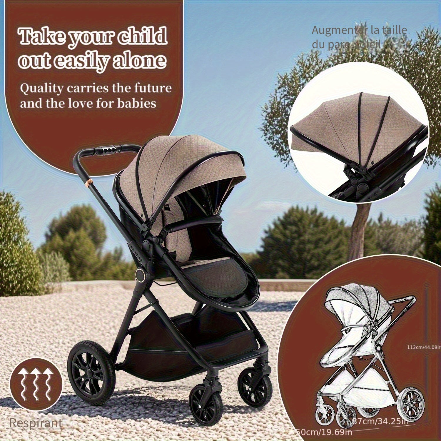 Poussette 3-en-1 Lit Bébé Ensemble Complet Poussette Pliante en Un Clic, Poussette Combi Cadre en Aluminium pour Nouveau-nés