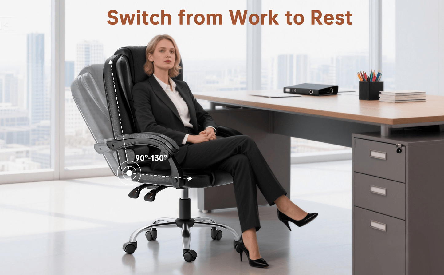 Chaise de bureau exécutive haute dossier, chaise de bureau ergonomique inclinable avec fonction d'inclinaison, chaise d'ordinateur robuste pour le travail à domicile