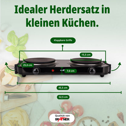 Plaque chauffante double avec poignées pliables, 2000 watts, 2 zones de cuisson à induction, chacune Ø 155 mm, contrôle de température en continu, plaque de cuisson de camping mobile double Grafner