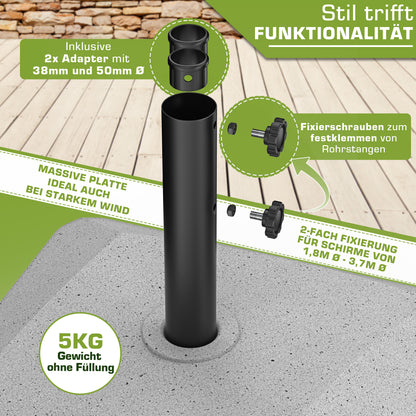 Tillvex® Support de Parasol GRAVIA avec Roues et Freins | Support de Parasol Remplissable 37 Litres / 56 kg | Adapté aux Parasols de Soleil et de Marché Ø 1,8-3,7 m | Roulable, Résistant aux Intempéries et aux UV pour Balcon, Terrasse, Jardin, Petits et G