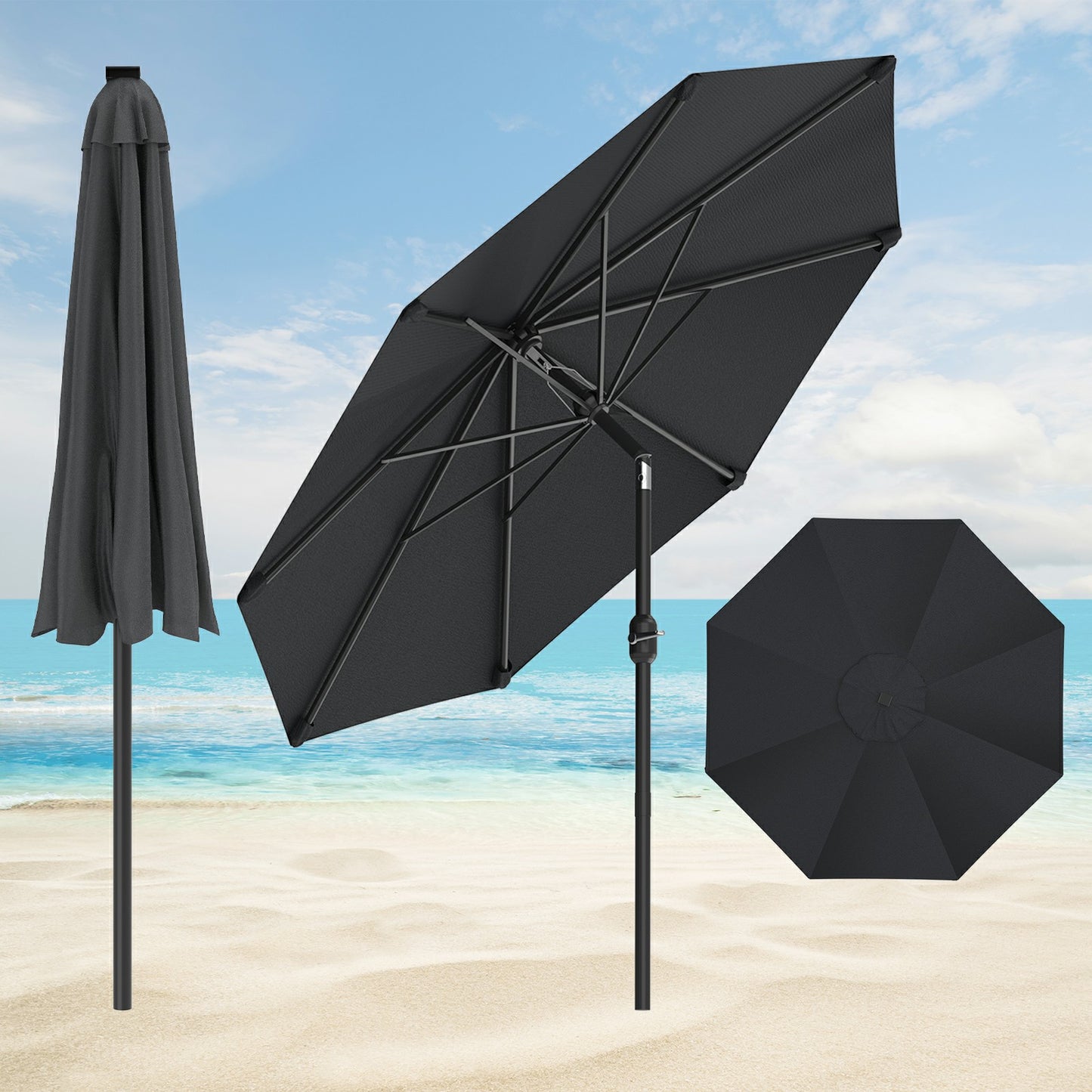 Parasol 300Cm, Parasol de Plage Extérieur, Protection Solaire UPF 50+, Inclinaison à 30° sur les Deux Côtés, Hauteur Réglable, Parasol de Marché, Parasol de Jardin avec Manivelle, Parasol de Balcon, Parasol de Patio pour Jardin, Balcon, Sans Support