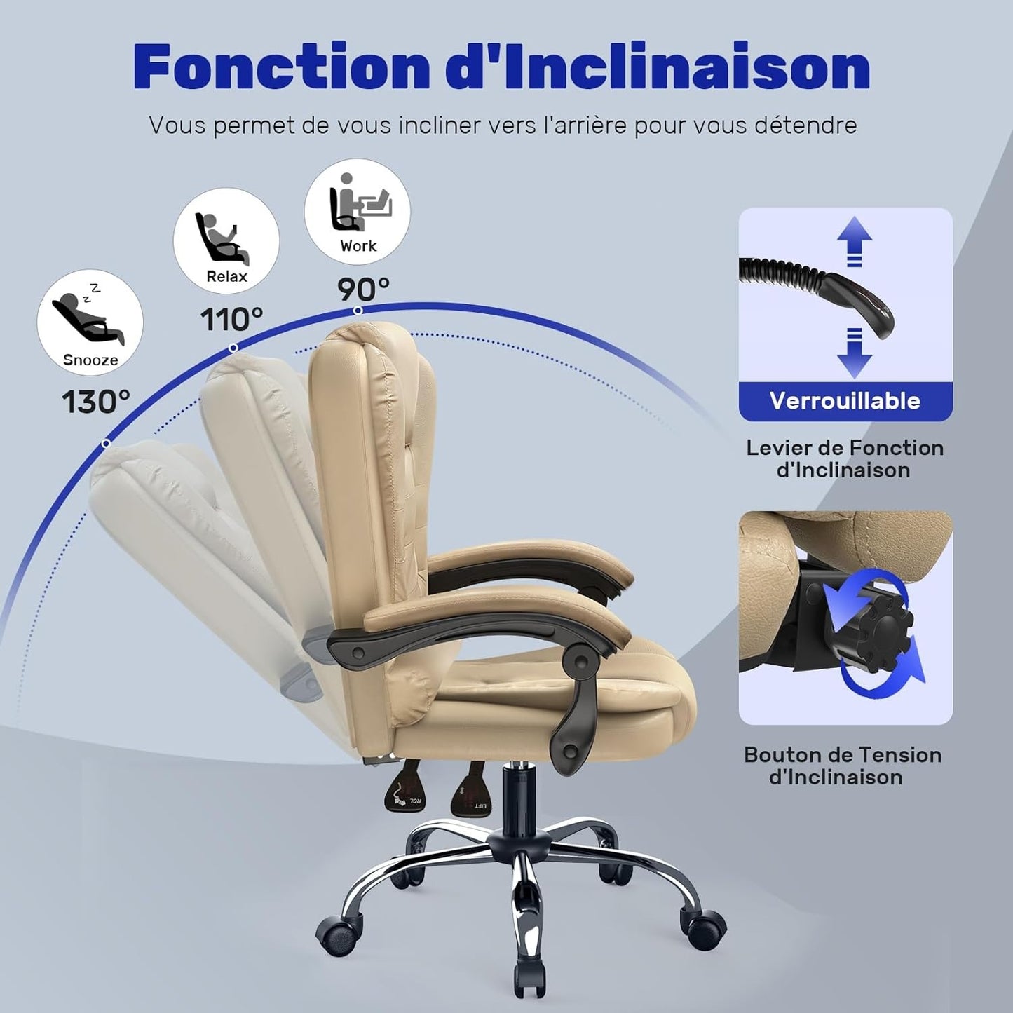 Chaise de bureau exécutive haute dossier, chaise de bureau ergonomique inclinable avec fonction d'inclinaison, chaise d'ordinateur robuste pour le travail à domicile