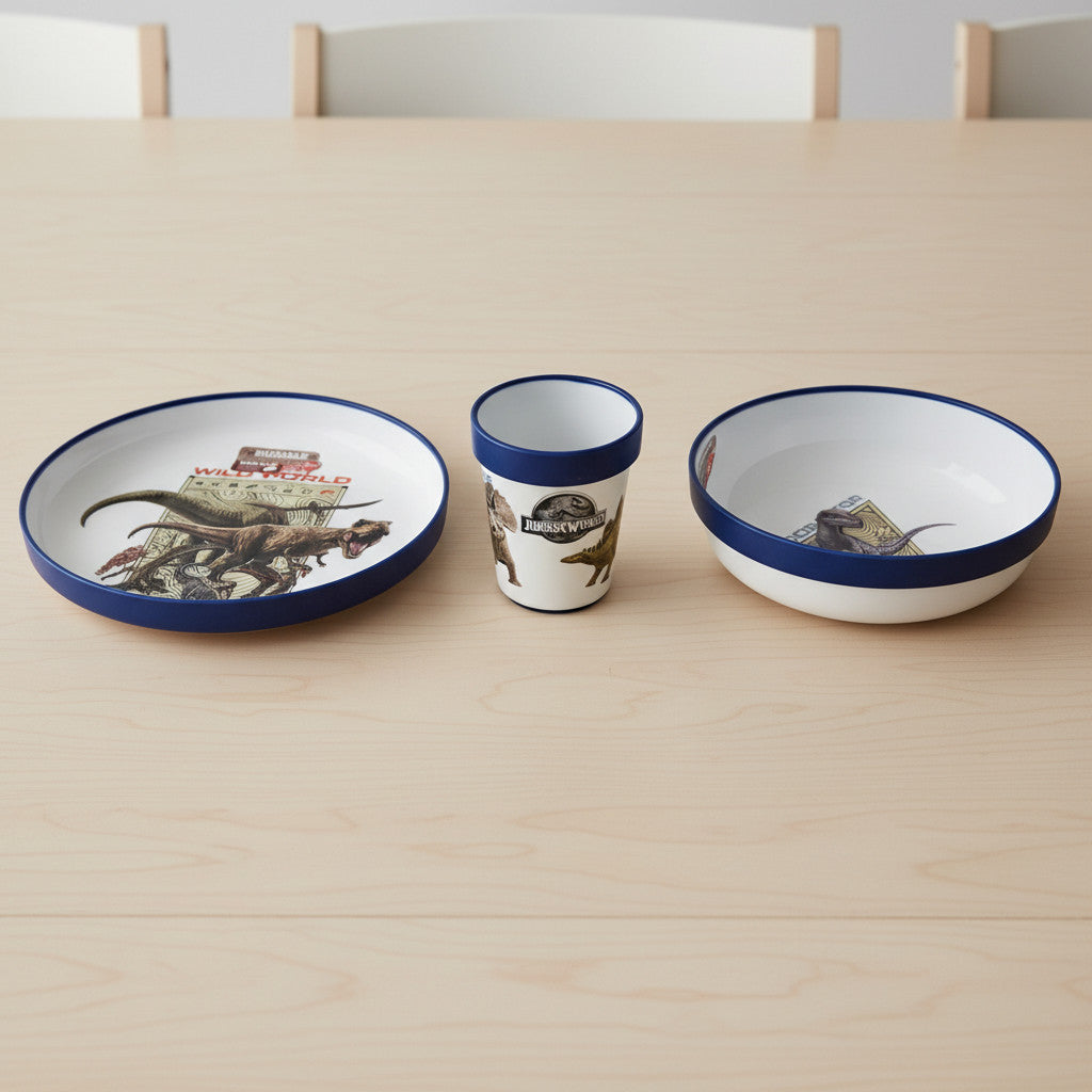 Ensemble de vaisselle réutilisable pour enfants, 2 couleurs - Ensemble de 3 pièces : Assiette, bol et tasse pour enfants et bébés avec base antidérapante - (Pour JURASSIC WORLD)