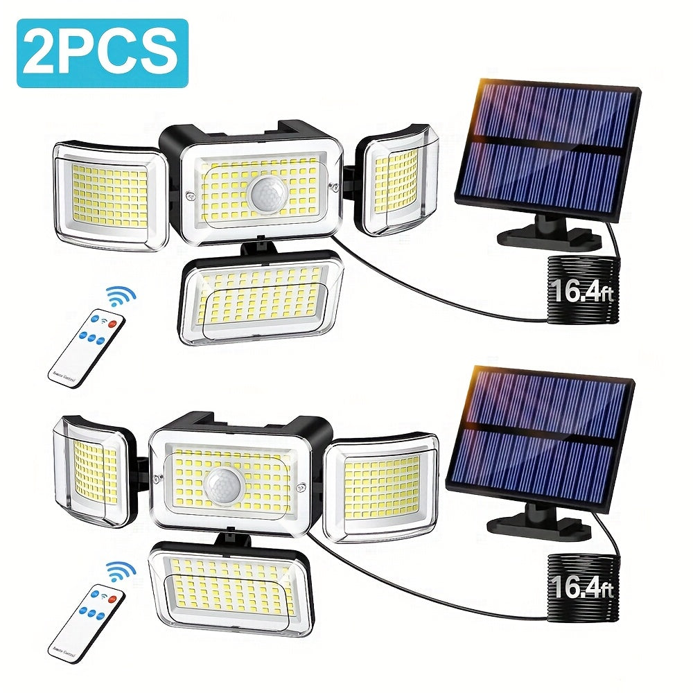 Lot de 2/4 pièces lampes solaires extérieures à détection de mouvement avec télécommande, 288 LED, lampe murale solaire avec 4 modes d'éclairage, projecteur de sécurité à angle large 270°, sans câblage requis, pour garage, jardin, allée, terrasse
