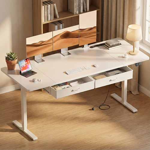 Furnishia Bureau Vertical Électrique avec Panneau Intelligent à Mémoire et 2 Tiroirs, Bureau à Hauteur Réglable avec Prises de Courant, pour Bureau d'Ordinateur à Domicile, Poste de Travail d'Écriture et Chambre à Coucher
