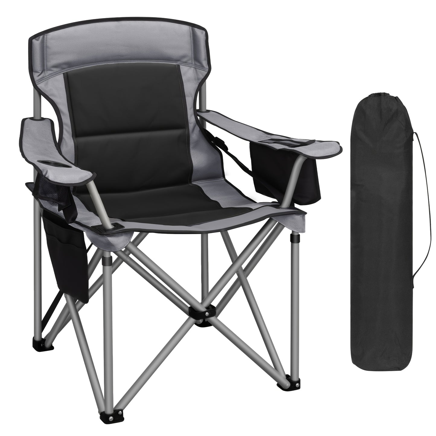 Chaise de camping, capacité 220 kg, chaise de camping pliante avec sac isotherme, porte-gobelet, sac de transport, dossier haut, confortablement rembourrée, chaise de pêche, chaise pliante pour jardin, balcon, plage, noir et vert/noir et gris/noir et oran
