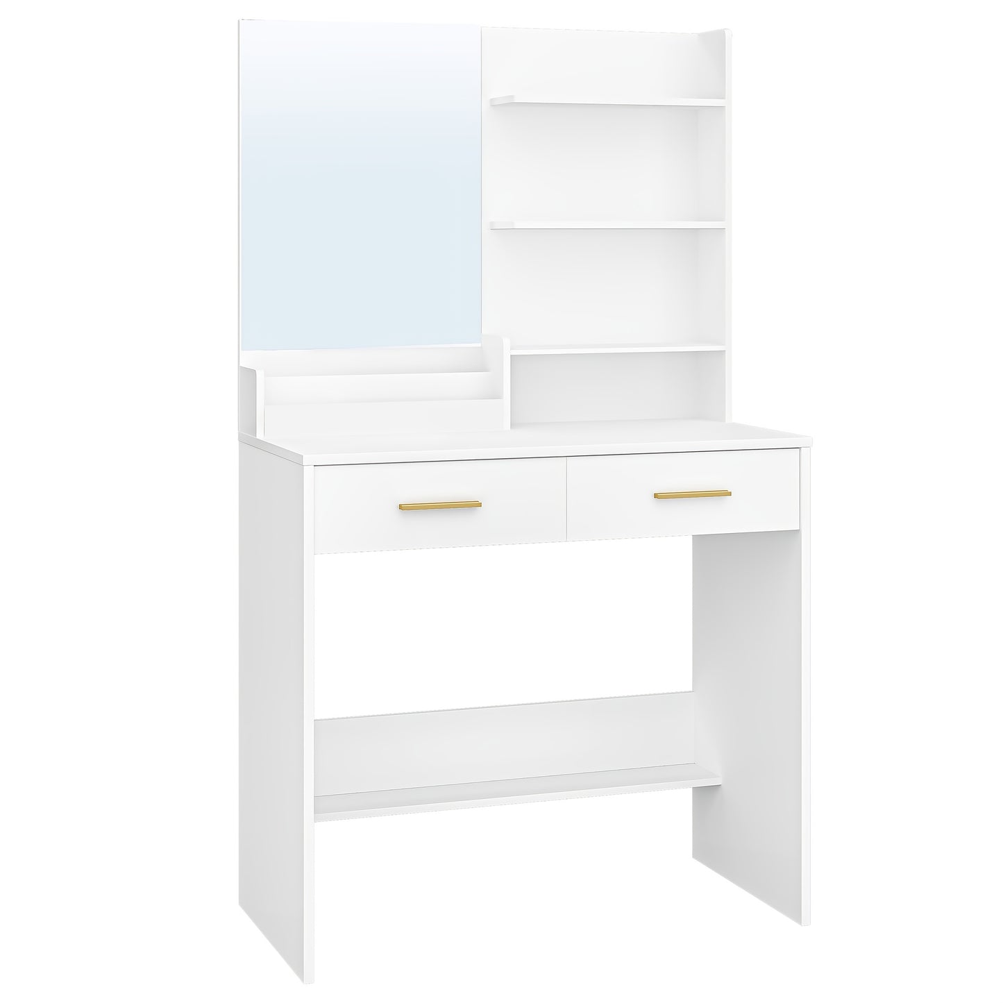 Table à toilette avec miroir, unité de toilette avec 4 étagères ouvertes et 2 compartiments, table à toilette avec 2 tiroirs, pour chambre à coucher, salon, ne comprend pas le tabouret