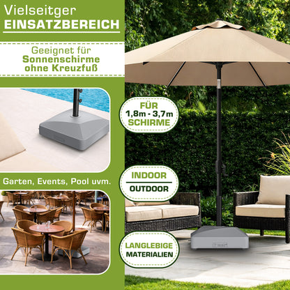 Tillvex® Support de Parasol GRAVIA avec Roues et Freins | Support de Parasol Remplissable 37 Litres / 56 kg | Adapté aux Parasols de Soleil et de Marché Ø 1,8-3,7 m | Roulable, Résistant aux Intempéries et aux UV pour Balcon, Terrasse, Jardin, Petits et G
