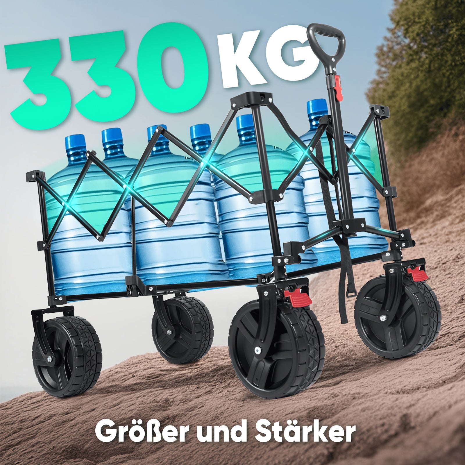 Chariot Pliant Tout-Terrain Robuste 200L/ Capacité 330kg, Roues PU 17x10cm avec Freins, Conception Pliable à 4 Voies Brevetée, Toile Durable Verte/ Bleu-Gris/ Noir/ Anthracite, GS- pour Chantiers/ Camping, Chariot de Transport Professionnel