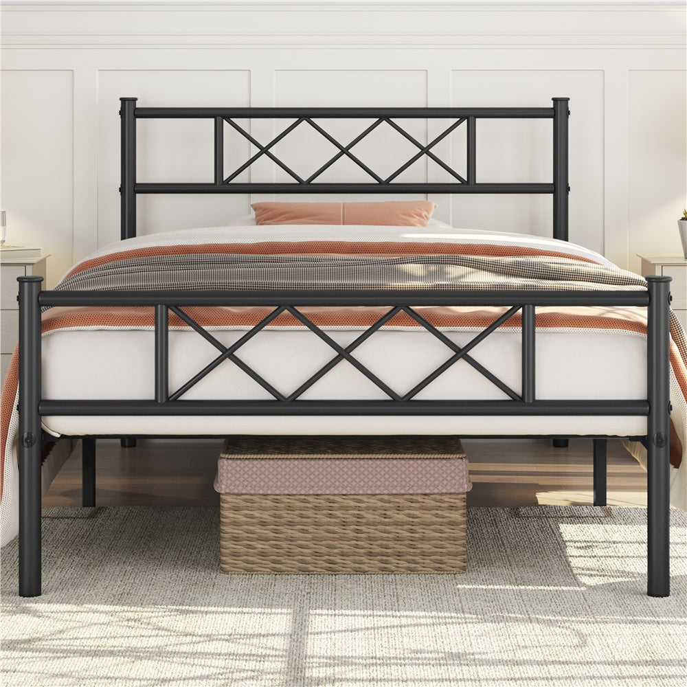 Costoffs Cadre de Lit en Métal Moderne - Structure à 6 Pieds avec Tête de Lit Design en Forme X - Sommier à Lattes Métalliques et Grand Espace de Rangement Sous-lit - Idéal pour Chambre d'Invite, Dortoir ou Appoint - Style Industriel Élégant
