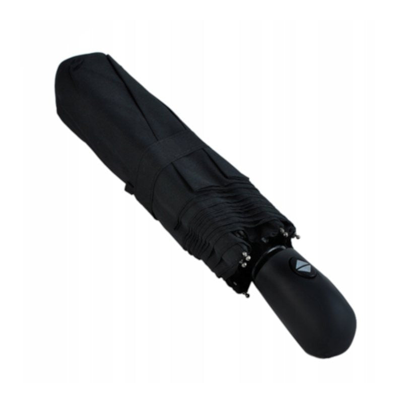 PARAPLUIE XXL NOIRE PLIANTE AUTOMATIQUE ET RÉSISTANTE AU VENT. Ouverture et fermeture à un bouton. Armature robuste à 8 baleines en acier à ressort et fibre de carbone. Diamètre XXL de 96 cm. Matériau à séchage rapide avec revêtement UV. Longueur compacte