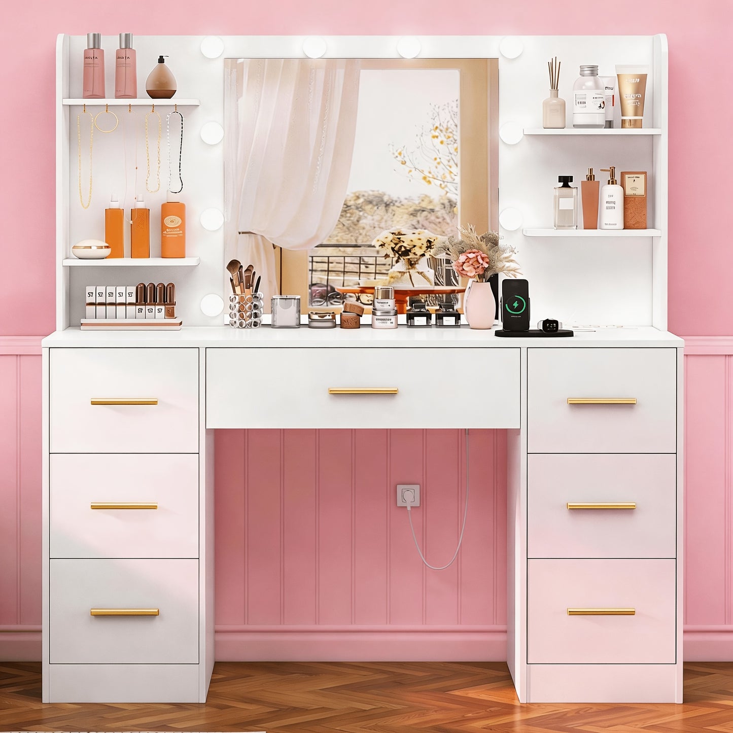 Grande coiffeuse avec miroir lumineux LED et prise électrique, table de Cosmétique avec 7 tiroirs, 4 étagères et 5 crochets, table de toilette, ensemble de coiffeuse pour chambre à coucher, salle de bain