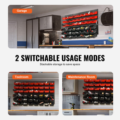 VEVOR Rangement mural pour pièces détachées, organiseur de garage à 48 compartiments en plastique avec panneaux muraux, rangement pour écrous, boulons, vis, clous, perles, boutons, autres petites pièces, noir et rouge