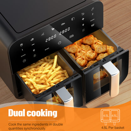 Friteuse à Air Double Panier 10L avec Fenêtres Transparentes, Finition Sync Hi-Fry, Arrêt Automatique, 2 Bacs Indépendants Antiadhésifs de 5L Lavables au Lave-Vaisselle - Noir