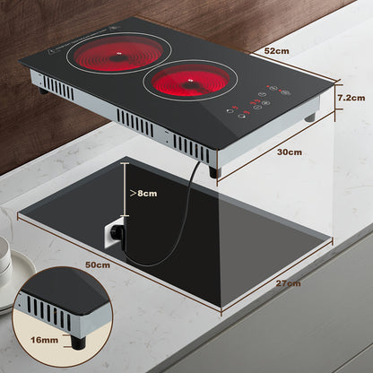 Plaque de cuisson électrique portable en céramique à double anneau, 2 brûleurs, 3000W, 30cm, intégrée et de comptoir, contrôle tactile, verrouillage de sécurité, minuterie 1-99 min, 9 niveaux de puissance, noir