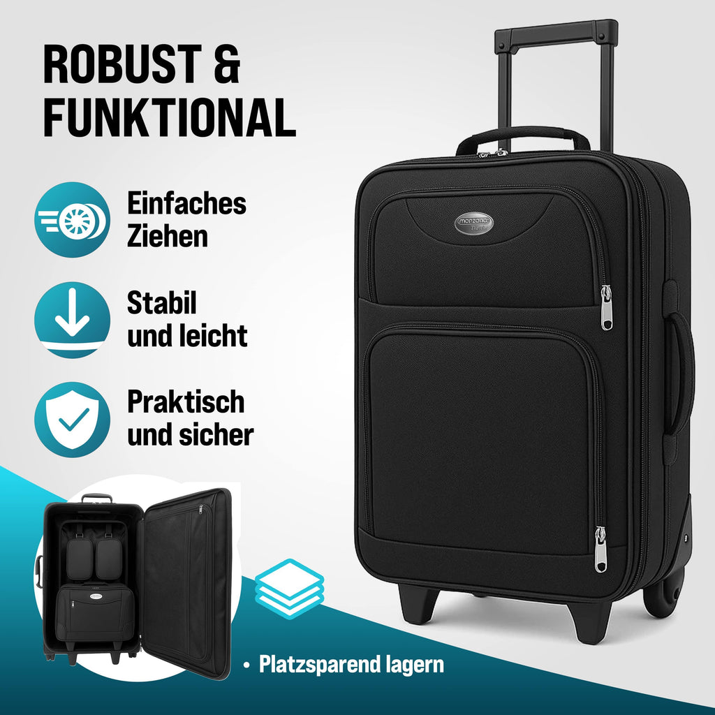 MONZANA® Ensemble de bagages à roulettes 4 pièces, ensemble de sacs de voyage, sac de culture léger, compartiment à filet imbriqué, valise à poignée télescopique, week-end, bagage à main, coque souple avec roues, noir