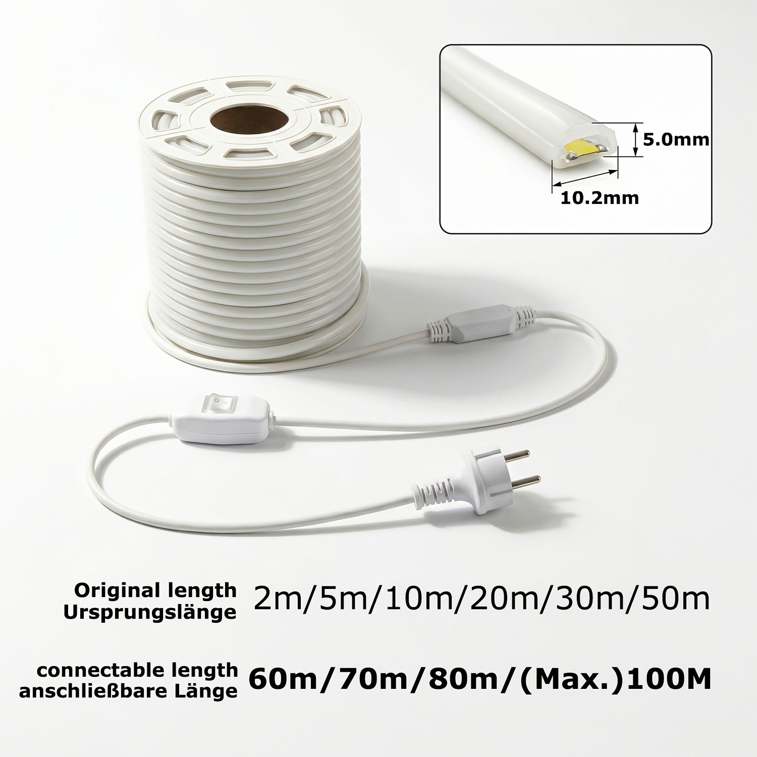 Bande LED COB IP65 jusqu'à 50m, 220V/230V, Flexible Blanc Chaud Blanc Froid, Bande Néon en Silicone pour Intérieur Extérieur, Chambre, Patio, Fête, DIY et Décoration Maison, pour Enseignes, Murs, Bar, Éclairage de Fête, 2m/20m/30m/50m