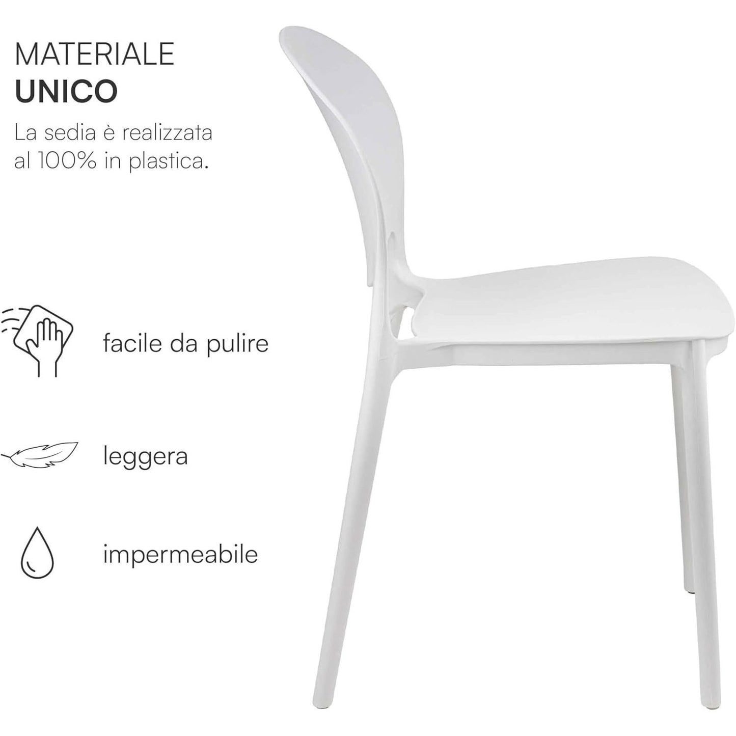 Baroni Home Lot de 4 chaises en plastique blanc – Empilables, prêtes à l'emploi sans assemblage requis, faciles à nettoyer, avec pieds antidérapants pour une stabilité accrue – Idéales pour cuisine, salon, salle à manger, jardin, terrasse ou balcon – Assi