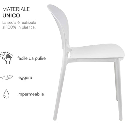 Baroni Home Lot de 4 chaises en plastique blanc – Empilables, prêtes à l'emploi sans assemblage requis, faciles à nettoyer, avec pieds antidérapants pour une stabilité accrue – Idéales pour cuisine, salon, salle à manger, jardin, terrasse ou balcon – Assi